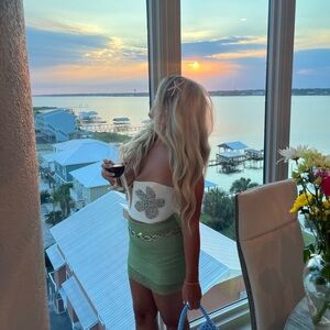 Revolve, Camila Coelho Tropez Mini Skirt in Pale Sage (sparkly), size small